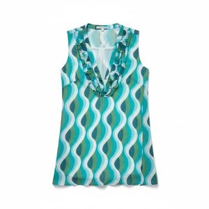 Joy Joy Women's Geometric Wave Ruffle V Neck Sleeveless Tunic Top XS